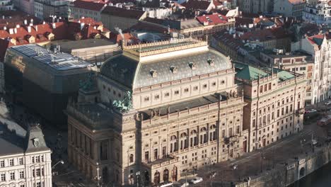 Aerial-view-of-National-Theatre-near-river-embankment-street-road,-Prague
