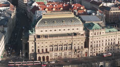 Aerial-view-of-National-Theatre-exterior-and-street-intersection,-Prague