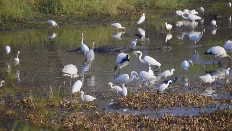 Egrets-and-wood-storksforaging-in-shallow-wetland-with-alligator-laying-in-distance