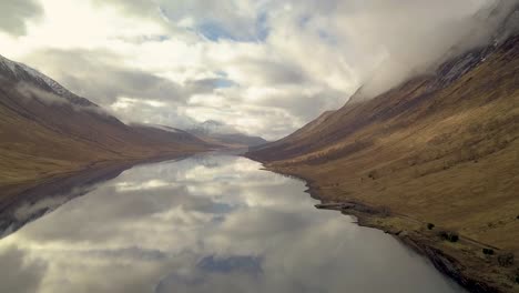 Aerial-panorama-view-of-Glen-Etive-highlands-with-lake-and-reflection-on-water-surface-in-Scotland