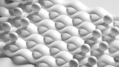 Eine-Wiederholbare-3D-Renderanimation-Von-Weißen-Kugeln,-Die-Auf-Einer-3D-Oberfläche-Mit-Weißem-Kissen-Gleiten