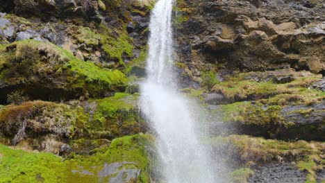 Bird-flying-over-while-water-is-falling-down-on-the-green-moss-form-a-waterfall