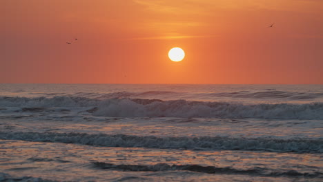 Sunrise-on-Hilton-Head-Island-beach,-with-the-sun-in-the-distance,-ocean-waves,-orange-sky,-and-birds