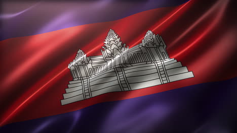 National-Flag-of-Kingdom-of-Cambodia,-high-angle,-perspective-view,-cinematic-look-and-feel,-glossy,-slow-motion-wavering,-elegant-silky-texture-waving