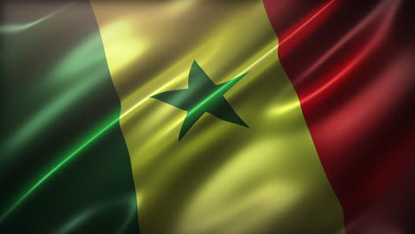 The-Flag-of-Republic-of-Senegal,-high-angle,-perspective-view,-cinematic-look-and-feel,-glossy,-slow-motion-wavering,-elegant-silky-texture-waving