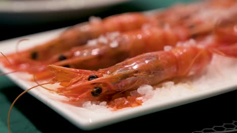 Close-up-view-of-a-succulent-homemade-oven-cooked-red-shrimps,-sprinkled-with-sea-salt,-take-center-stage-on-a-minimalist-white-platter