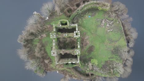Top-Down-View-Of-McDermott-Castle-In-Lough-Key,-County-Roscommon,-Ireland---Drone-Shot