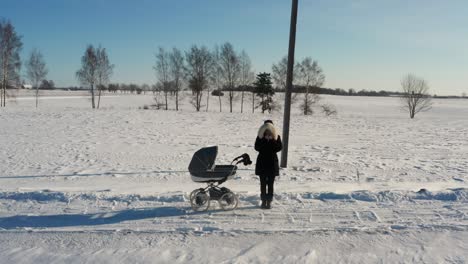 Mother-with-baby-carriage-blow-nose-during-snowy-winter-walk-outside