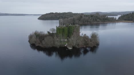 Aerial-View-Ruins-Of-McDermott-Castle-On-Castle-Island,-Lough-Key-In-Roscommon-County,-Ireland---Drone-Shot