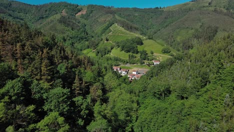 Lush-green-Basque-Country-landscape-with-dense-forests-and-a-small-village,-aerial-view