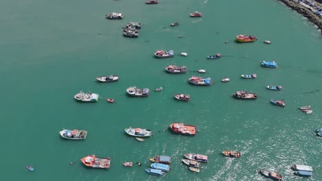 Aerial-Overhead-View-Of-Moored-Fishing-Boats-In-Port-Of-San-Antonio-In-Chile