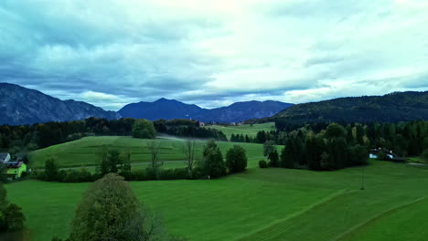 Lush-green-valley-with-mountains-in-the-background,-overcast-sky,-aerial-view