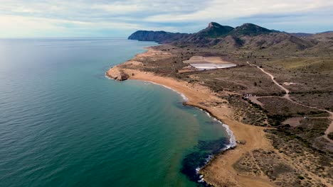 Calblanque-coast-aerial-drone-view-point-of-coastline-of-mountains-against-mediterranean-seascape-in-Cartagena-coasts,-Spain