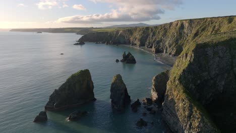 Drone-flyover-dramatic-Coast-of-Waterford-Ireland-sea-stacks-and-hidden-coves-natures-beauty