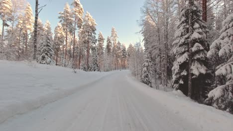 Emocionante-Recorrido-Invernal-En-Primera-Persona-En-Un-Pintoresco-Entorno-Forestal-Cubierto-De-Nieve-En-Finlandia