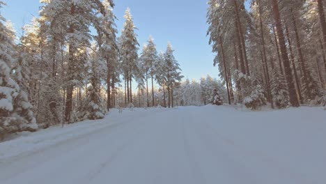 Snow-packed-roads-in-winter-forests-of-Finland-make-exciting-driving-POV