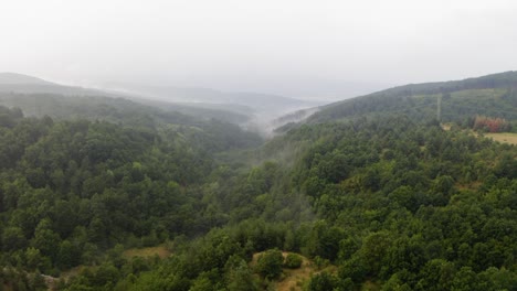 Drohnenflug-über-Grüne-Hügel-Mit-Nebel