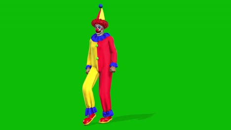 A-clown-3D-character-wearing-a-red-and-yellow-costume,-a-pointy-hat,-and-red-shoes,-dancing-shuffle-on-green-screen-3D-animation,-front-view-animated-character