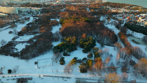 Aerial-view-of-a-snowy-park-at-dusk-with-warm-sunlight-kissing-treetops