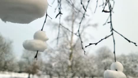 Artistic-shaped-snow-ducks-decoration-hanging-from-bare-winter-tree-branches