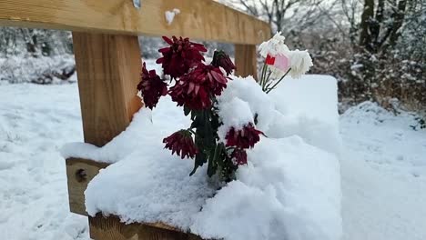 Frozen-bouquet-of-memorial-flowers-on-snowy-wooden-park-bench-at-daybreak