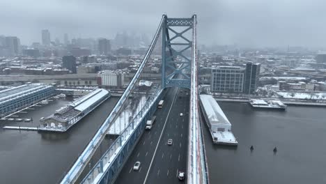Aerial-shot-of-a-suspension-bridge-on-a-snowy-day