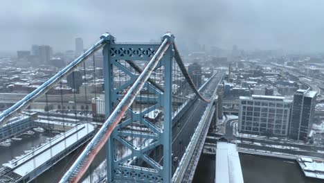 Aerial-shot-of-the-Benjamin-Franklin-Bridge-on-a-snowy-day