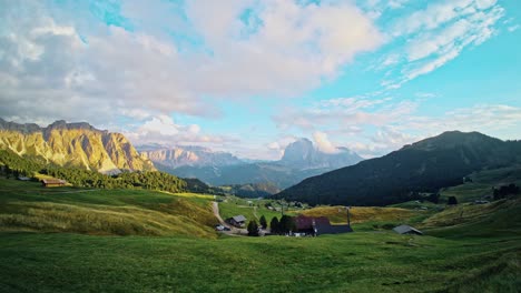 Sunset-timelapse-of-Val-Gardena-scenery-view-from-Seceda-in-the-Dolomites,-Italy-in-summer