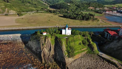 Zumaia-lighthouse-in-Gipuzkoa,-Basque-country---drone-aerial-view