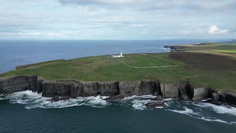 Loophead-lighthouse-on-rugged-cliffs-with-waves-crashing,-cloudy-sky,-aerial-view