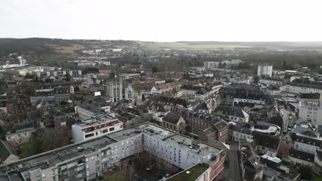 Aerial-Panorama-of-Small-European-French-Town-on-a-Cloudy-Day