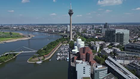 Rheinturm,-telecommunications-tower-in-Düsseldorf,-Germany.-Aerial