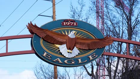 Close-up-of-sign-for-Eagle-City-in-Boise,-Idaho,-USA