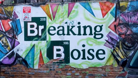 Close-up-of-Breaking-Boise-graffiti-art-at-Freak-Alley-in-downtown-Boise-city,-Idaho,-USA