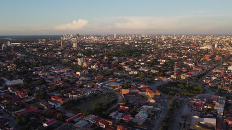 Cityscape-aerial-of-Santa-Cruz-in-central-Bolivia-during-golden-hour