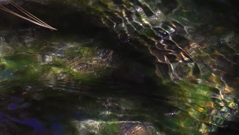 Tranquil-spring-water-flows-over-mossy-rocks-with-ripples-and-shadows-in-a-natural-stream---close-up,-fresh-water,-flowing,-peaceful,-pure,-mineral,-abstract-nature