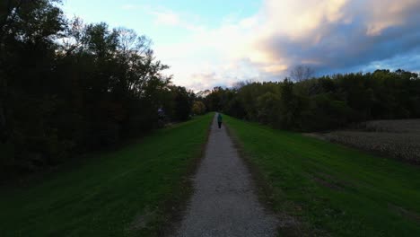 A-woman-jogs-on-a-path-in-the-middle-of-the-city-forest-on-a-dusk-afternoon