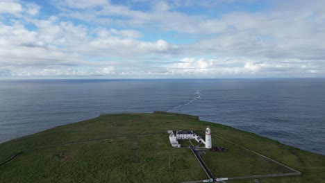Solitary-lighthouse-on-a-grassy-cape-against-a-vast-ocean-at-Loop-Head,-aerial-view