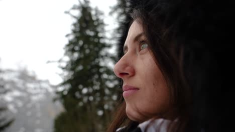 Female-brunette-in-cold-Switzerland-nature-environment-enjoy-vacation