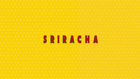 Sriracha-Sauce-Springender-Roter-Texteffekt-Mit-Symbolen-Für-Scharfe-Chilischoten-–-Textanimation-Auf-Gelbem-Hintergrund-Mit-Weißen-Punkten