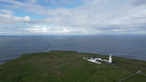 Loophead-lighthouse-on-a-cliff-with-grassy-terrain-overlooking-a-calm-ocean,-cloudy-sky,-aerial-view