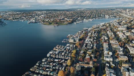 Panoramic-aerial-overview-of-Lake-Union-area,-Seattle-Washington-on-a-sunny-day