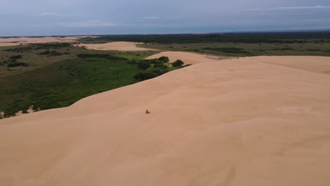 High-aerial-orbits-woman-and-dog-on-huge-sand-dune-in-central-Bolivia