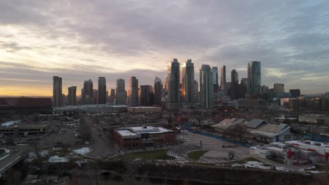 Drone-flight-of-Downtown-Calgary-at-golden-hour