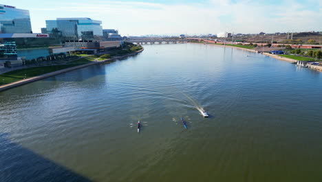 Fly-over-of-rowers-rowing-on-Tempe-Town-Lake-located-in-Tempe-Arizona-just-outside-of-Phoenix