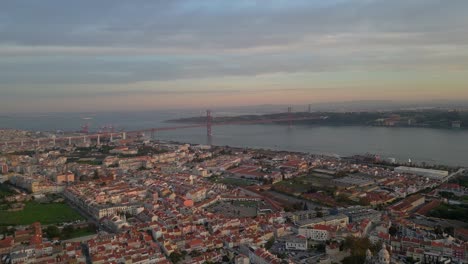 aerial-view-over-the-Tagus-river,-the-25-april-bridge-and-Lisbon,-Portugal