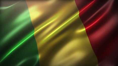 The-National-Flag-of-Republic-of-Mali,-high-angle,-perspective-view,-cinematic-look-and-feel,-realistic-CG-animation,-seamless-loop-able,-glossy,-slow-motion-wavering,-elegant-silky-texture-waving