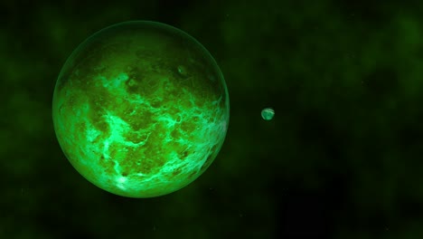 Approaching-a-big-green-exoplanet-and-moon-on-a-nebula-background-in-a-distant-galaxy