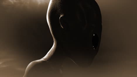 3D-CGI-close-up-right-profile-shot-of-a-classic,-shiny-skinned-Roswell-grey-alien-looking-eeire-and-menacing,-in-an-ominous-swirling-cloud-of-mist,-with-grey-and-sepia-color-tint