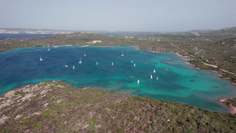 Filmische-Luftaufnahme-Wunderschöner-Segelboote,-Die-über-Das-Meer-Der-Insel-Caprera-Auf-Sardinien-Segeln